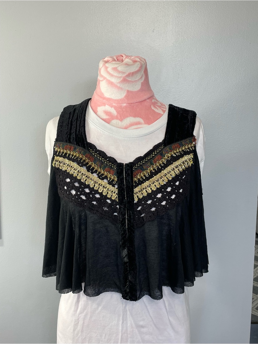 Free People Black Crochet-Trim Boho Layering Tank with Gold Accent